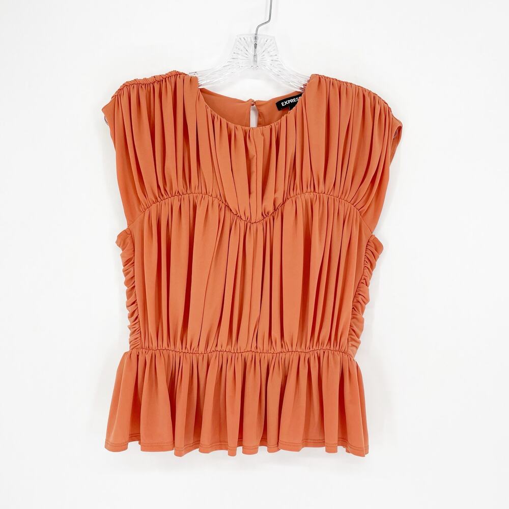 Express Ruched Orange Peplum Top Size Medium